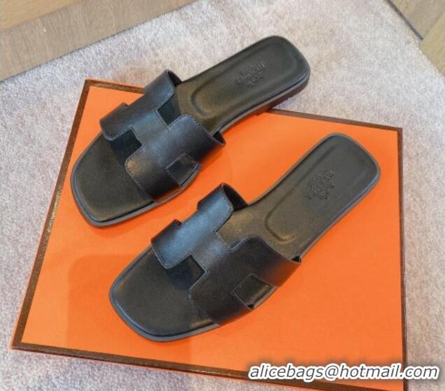 Shop Duplicate Hermes Classic Oran Flat Slide Sandals in Calf Leather Black 711111