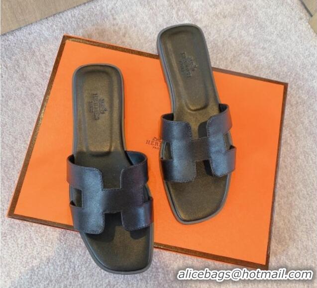 Shop Duplicate Hermes Classic Oran Flat Slide Sandals in Calf Leather Black 711111