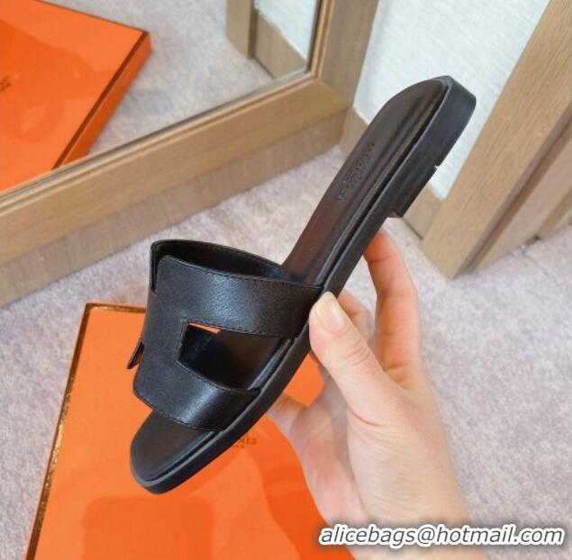 Shop Duplicate Hermes Classic Oran Flat Slide Sandals in Calf Leather Black 711111