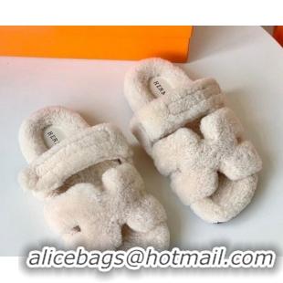 Popular Style Hermes Chypre Flat Slide Sandals in Teddy Wool Cream White 718092