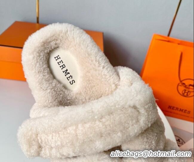 Popular Style Hermes Chypre Flat Slide Sandals in Teddy Wool Cream White 718092