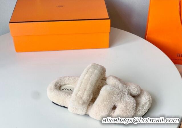 Popular Style Hermes Chypre Flat Slide Sandals in Teddy Wool Cream White 718092