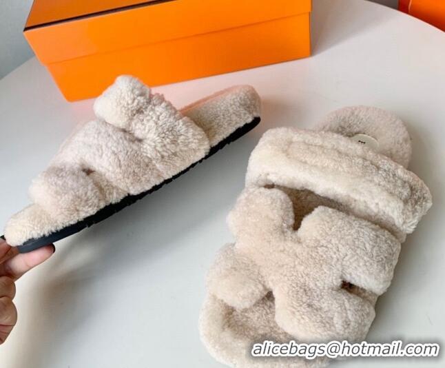 Popular Style Hermes Chypre Flat Slide Sandals in Teddy Wool Cream White 718092