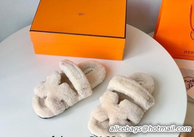 Popular Style Hermes Chypre Flat Slide Sandals in Teddy Wool Cream White 718092