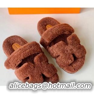 Good Quality Hermes Chypre Flat Slide Sandals in Teddy Wool Brown 718093