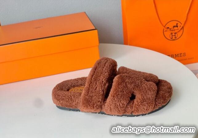 Good Quality Hermes Chypre Flat Slide Sandals in Teddy Wool Brown 718093