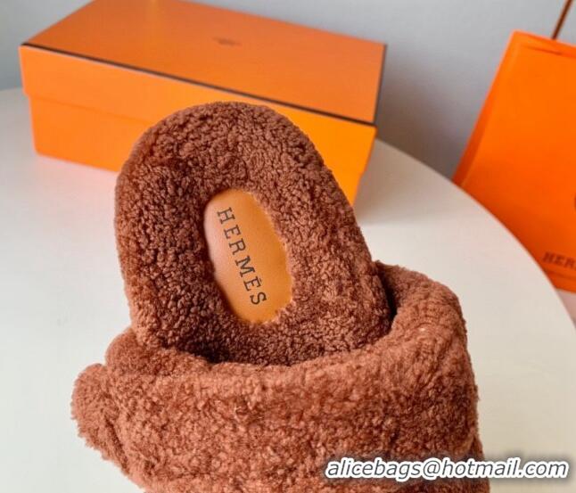 Good Quality Hermes Chypre Flat Slide Sandals in Teddy Wool Brown 718093