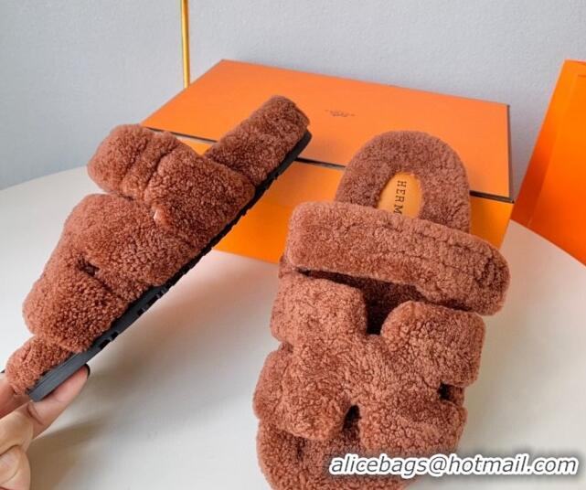 Good Quality Hermes Chypre Flat Slide Sandals in Teddy Wool Brown 718093