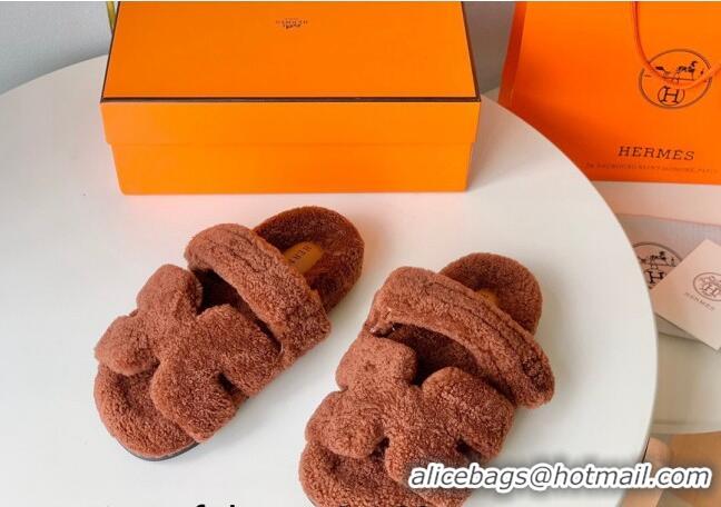 Good Quality Hermes Chypre Flat Slide Sandals in Teddy Wool Brown 718093