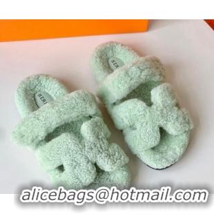 Top Design Hermes Chypre Flat Slide Sandals in Teddy Wool Light Green 718094