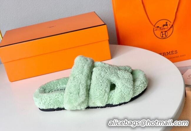 Top Design Hermes Chypre Flat Slide Sandals in Teddy Wool Light Green 718094