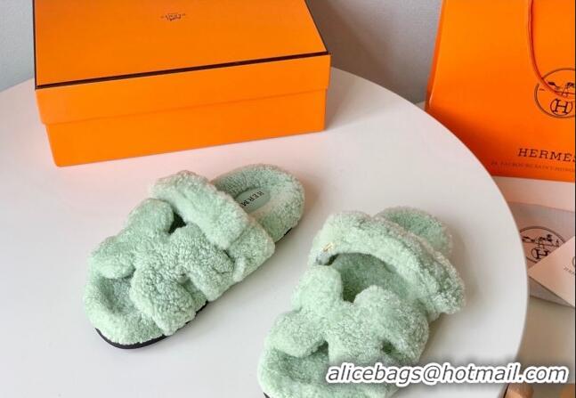 Top Design Hermes Chypre Flat Slide Sandals in Teddy Wool Light Green 718094