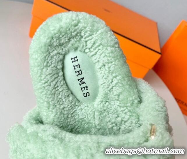 Top Design Hermes Chypre Flat Slide Sandals in Teddy Wool Light Green 718094