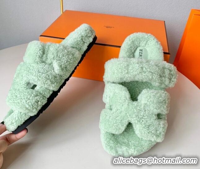 Top Design Hermes Chypre Flat Slide Sandals in Teddy Wool Light Green 718094