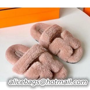 Lower Price Hermes Chypre Flat Slide Sandals in Teddy Wool Light Pink 718096