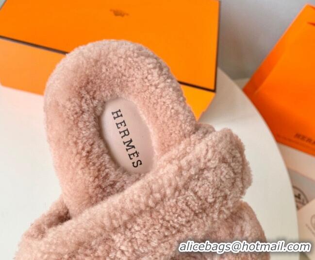 Lower Price Hermes Chypre Flat Slide Sandals in Teddy Wool Light Pink 718096