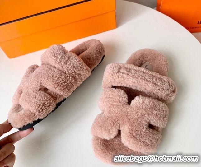 Lower Price Hermes Chypre Flat Slide Sandals in Teddy Wool Light Pink 718096