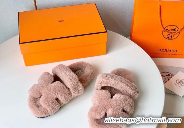 Lower Price Hermes Chypre Flat Slide Sandals in Teddy Wool Light Pink 718096