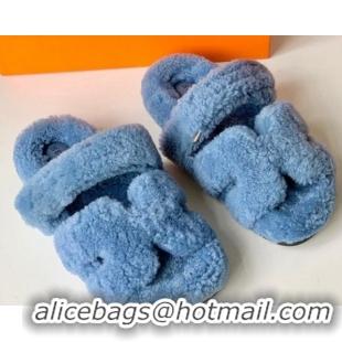 Good Product Hermes Chypre Flat Slide Sandals in Teddy Wool Light Blue 718097