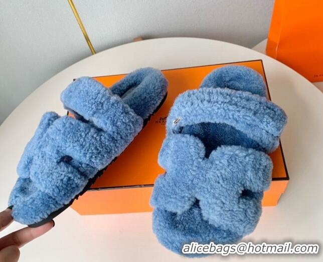 Good Product Hermes Chypre Flat Slide Sandals in Teddy Wool Light Blue 718097