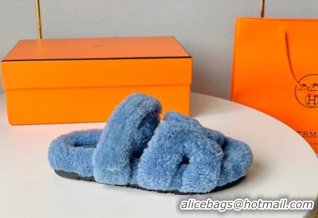 Good Product Hermes Chypre Flat Slide Sandals in Teddy Wool Light Blue 718097