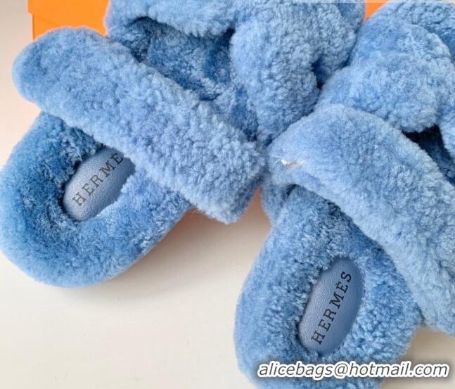 Good Product Hermes Chypre Flat Slide Sandals in Teddy Wool Light Blue 718097