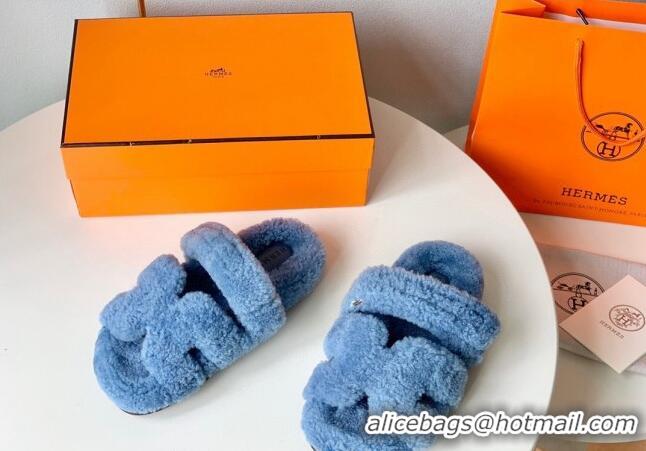 Good Product Hermes Chypre Flat Slide Sandals in Teddy Wool Light Blue 718097