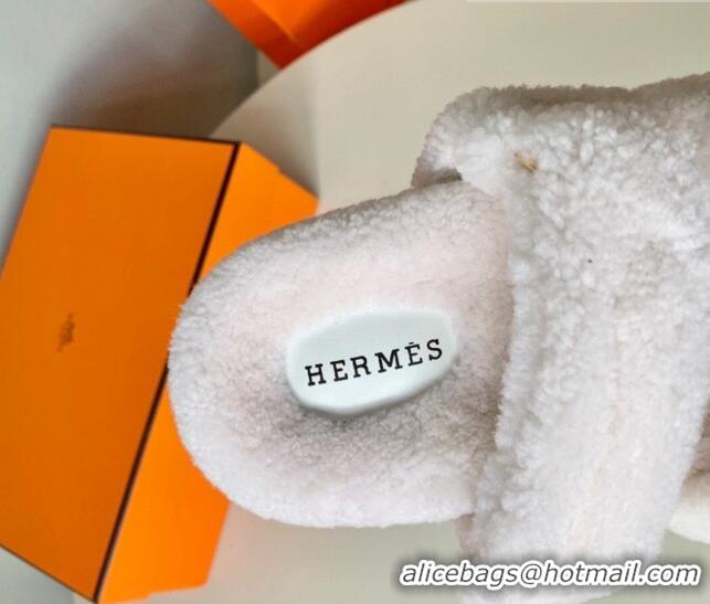 Classic Hot Hermes Chypre Flat Slide Sandals in Teddy Wool Optic White 718098