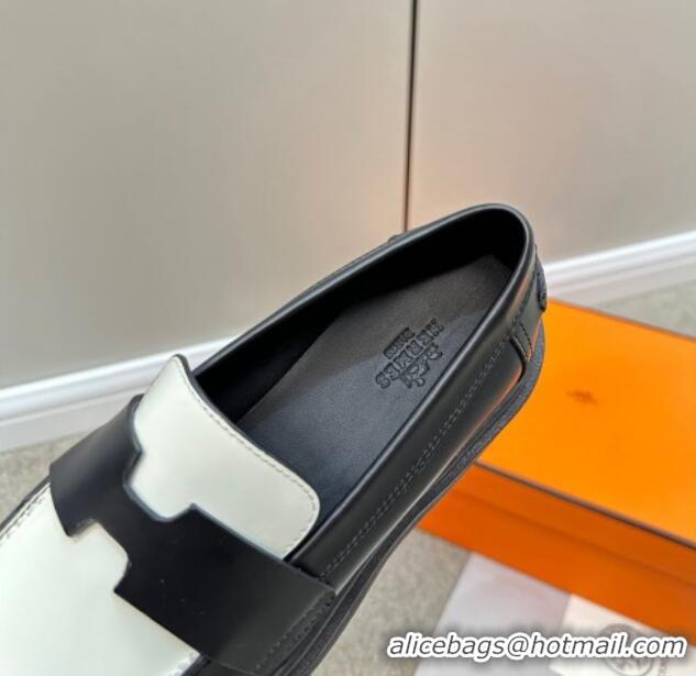 Stylish Hermes Hitch Loafers in Glazed Calfskin 6cm Black/White 724129