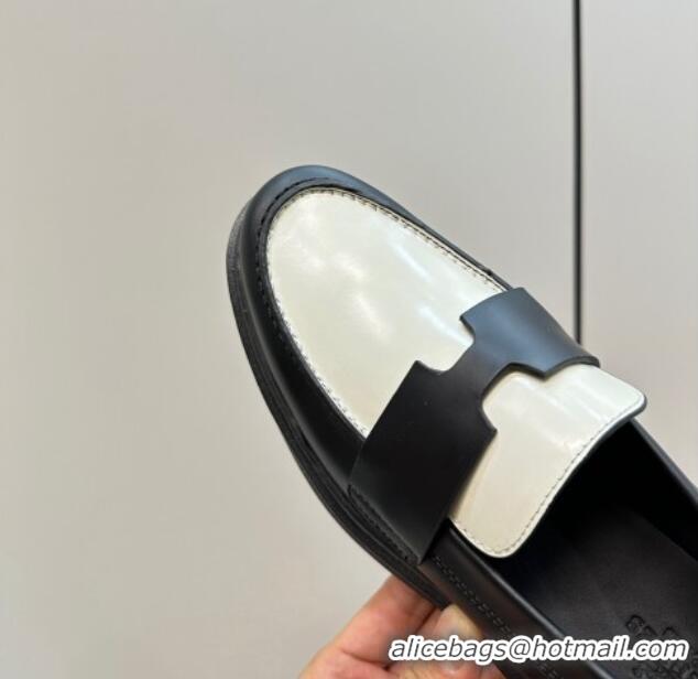 Stylish Hermes Hitch Loafers in Glazed Calfskin 6cm Black/White 724129