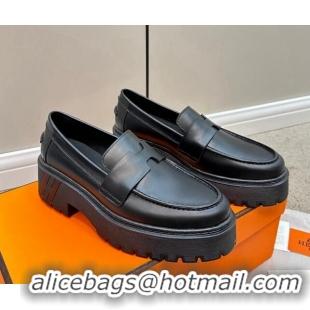 Hot Style Hermes Hitch Loafers in Glazed Calfskin 6cm All Black 724130