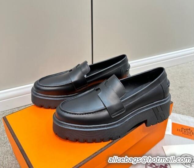 Hot Style Hermes Hitch Loafers in Glazed Calfskin 6cm All Black 724130