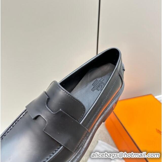 Hot Style Hermes Hitch Loafers in Glazed Calfskin 6cm All Black 724130