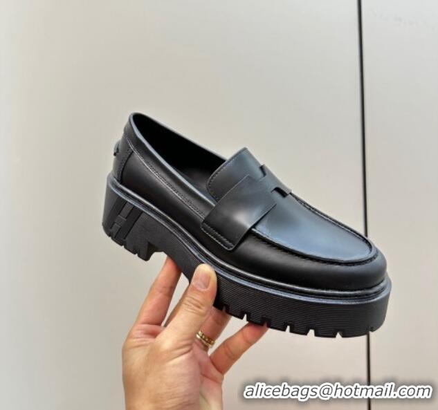 Hot Style Hermes Hitch Loafers in Glazed Calfskin 6cm All Black 724130