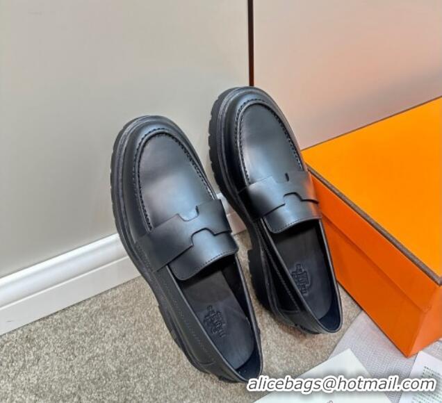 Hot Style Hermes Hitch Loafers in Glazed Calfskin 6cm All Black 724130