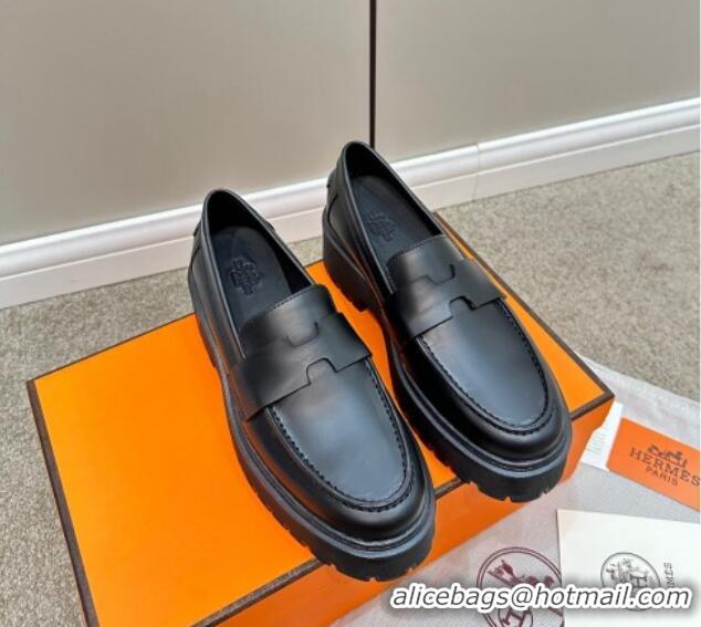 Hot Style Hermes Hitch Loafers in Glazed Calfskin 6cm All Black 724130