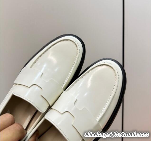 Luxury Cheap Hermes Hitch Loafers in Glazed Calfskin 6cm White/Black 724131