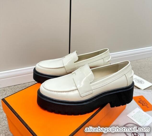 Luxury Cheap Hermes Hitch Loafers in Glazed Calfskin 6cm White/Black 724131