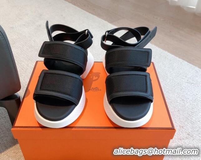 Discount Hermes Geek Canvas Platform Sandals 3.5cm Black 724134