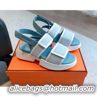 Popular Style Hermes Geek Canvas Platform Sandals 3.5cm Light Blue 724136