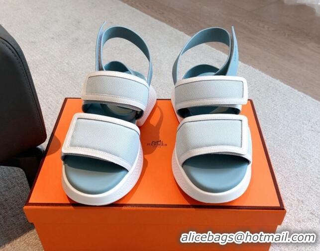 Popular Style Hermes Geek Canvas Platform Sandals 3.5cm Light Blue 724136