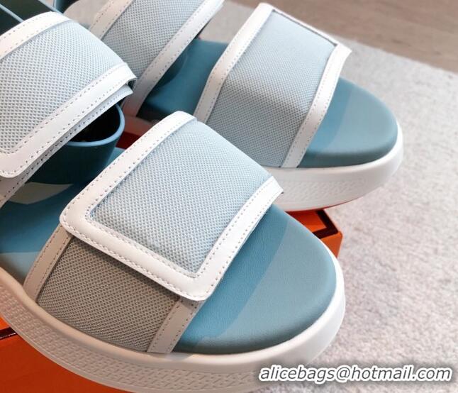 Popular Style Hermes Geek Canvas Platform Sandals 3.5cm Light Blue 724136