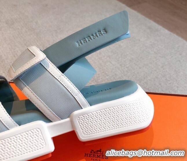 Popular Style Hermes Geek Canvas Platform Sandals 3.5cm Light Blue 724136