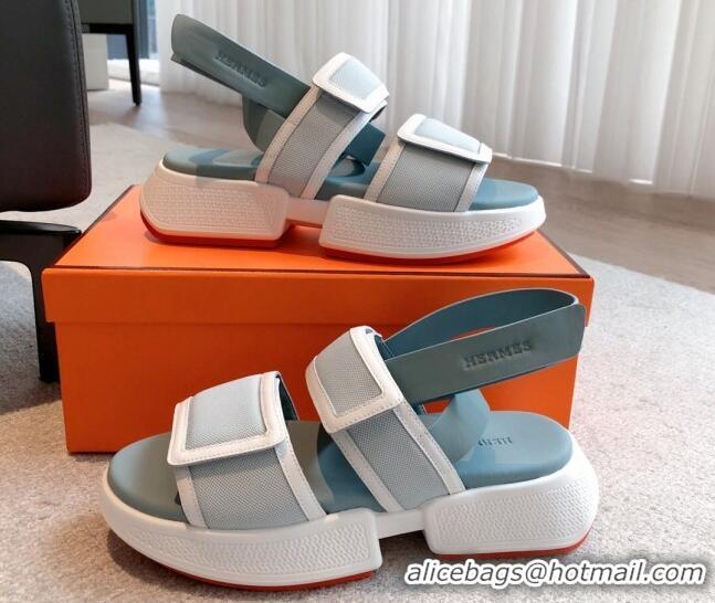 Popular Style Hermes Geek Canvas Platform Sandals 3.5cm Light Blue 724136