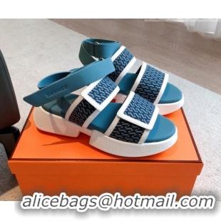 Stylish Hermes Geek Fabric Platform Sandals 3.5cm Medium Blue 724138