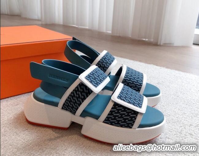 Stylish Hermes Geek Fabric Platform Sandals 3.5cm Medium Blue 724138