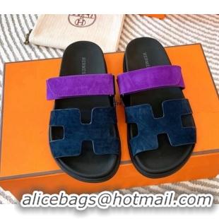 Best Product Hermes Chypre Flat Sandals in Suede Dark Blue/Purple 724141