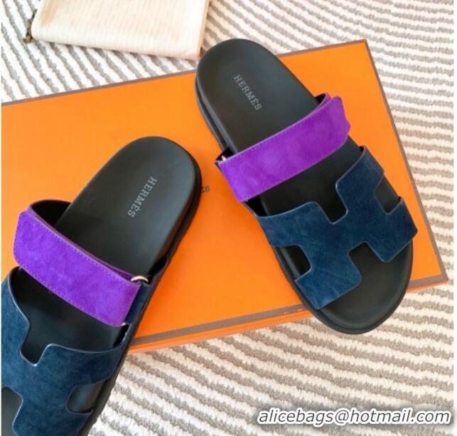 Best Product Hermes Chypre Flat Sandals in Suede Dark Blue/Purple 724141