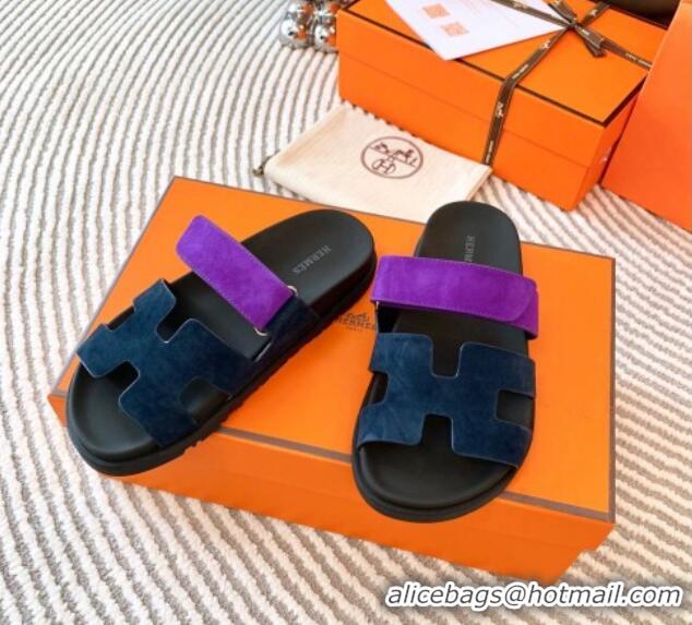 Best Product Hermes Chypre Flat Sandals in Suede Dark Blue/Purple 724141