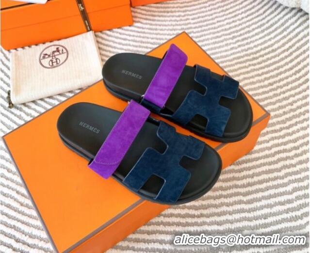 Best Product Hermes Chypre Flat Sandals in Suede Dark Blue/Purple 724141